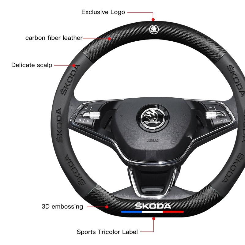 YXMP4 Car Steering Wheel Cover Carbon Fiber Pattern Accessories For Skoda Superb Octavia Rapid Kodiaq Kamiq Fabia Enyaq iV Scala Karoq