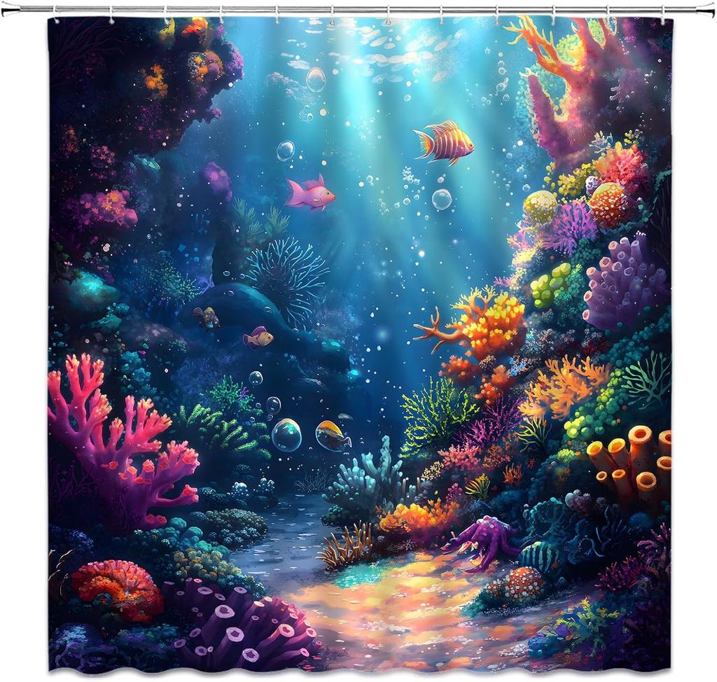 Shark Shower Curtain Ocean Underwater World Colorful Coral Tropical Fish Deep Sea Marine Life Bathroom Curtain Set with Hooks