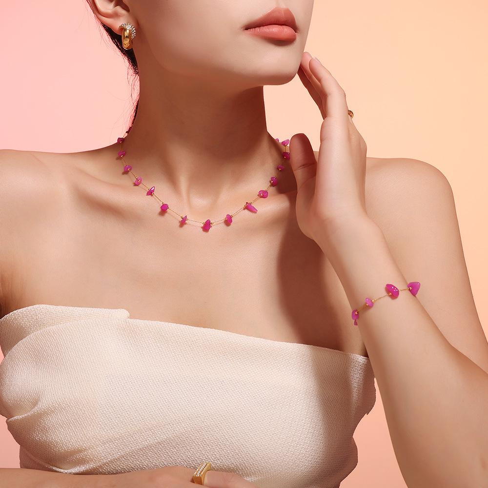 Bohemian Pink Natural Stone Choker & Bracelet Set for Women