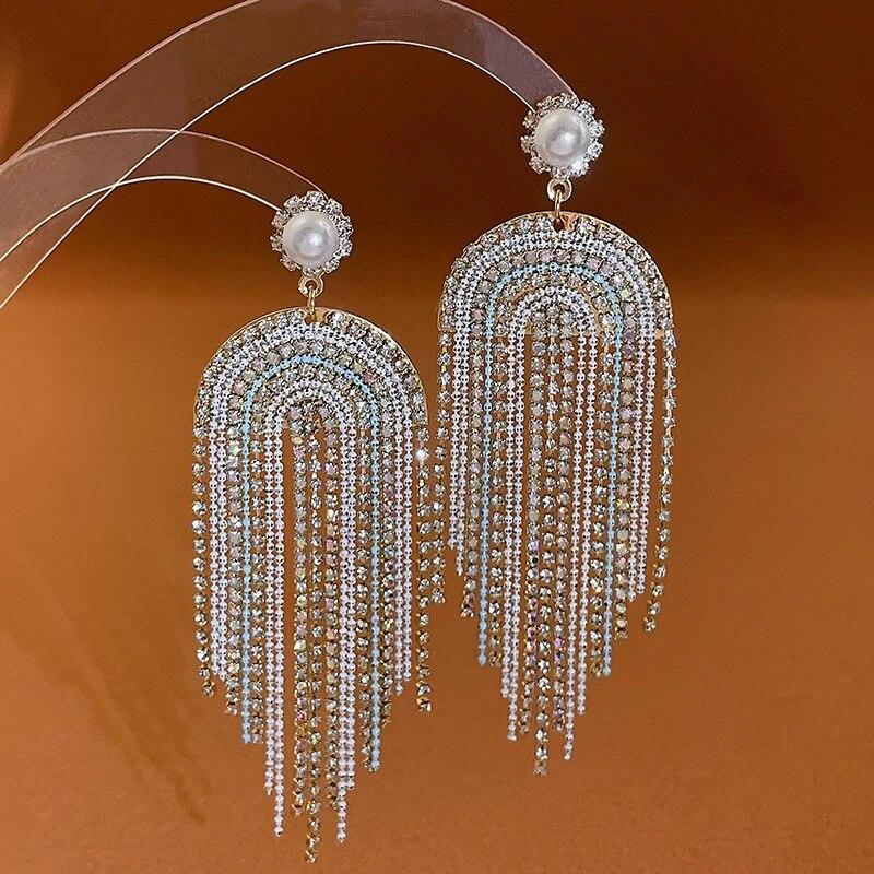 Inlaid Rhinestone Flowers Long Tassel Women Earrings Temperament Silver Needle Exaggerated Zircon Drop Earrings Sparkle Jewelry