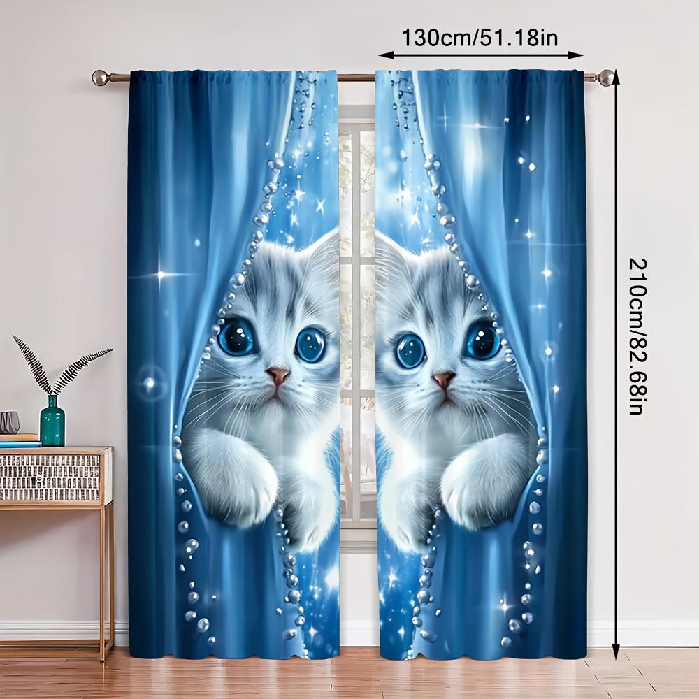 Cute Cat Print Curtains Bedroom Living Room Study Home Decor Curtain Light Filtering For Sitting Made Of Polyester With Rod Pocket