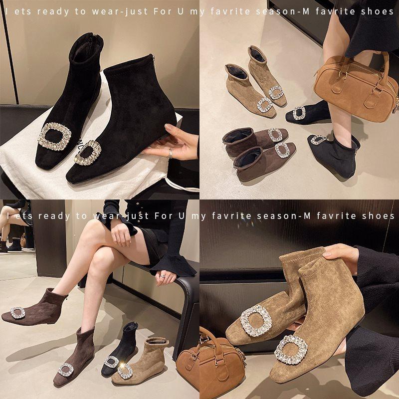 Francuskie wszechstronne krótkie botki damskie 2025 jesień i zima małe nowe buty nagie botki cienka kwadratowa klamra mała wewnętrzna wysokość stras koreańskie