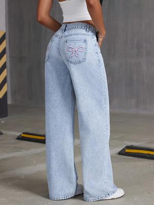 Jeans Larghi a Vita Alta per Ragazze Adolescenti 2025 con Ricamo Fiocco di Neve e Tasche Posteriori