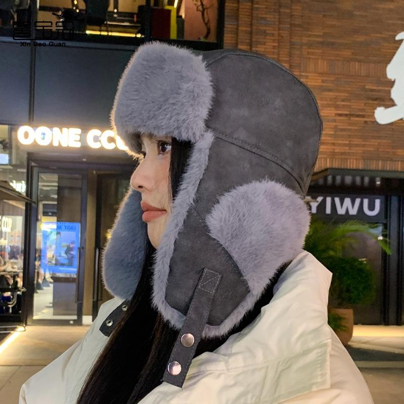 Winter Suede Hat Women Show Small Face Ear Protectors Pullover Hat Outdoor Cycling Skiing Thickened Cold Moisture