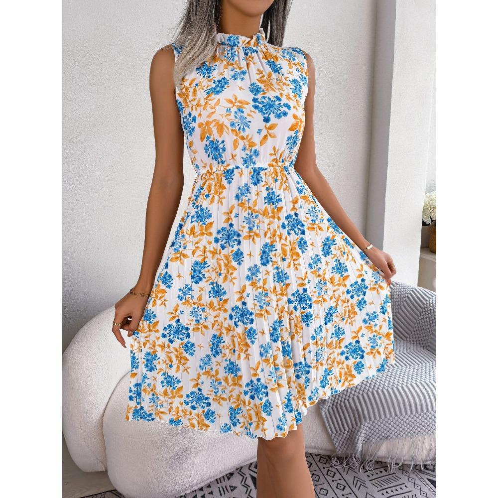 Frühlings- und Sommer-Damen-Temperament Holzohrring Blumen Taillierte Plisseekleider