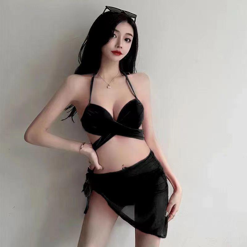 

Женский сексуальный однотонный купальник-трикини с косточками, пуш-ап и юбкой-запахом - Три предмета, стиль чистого желания для отпуска, для маленькой груди Extra Large чёрный