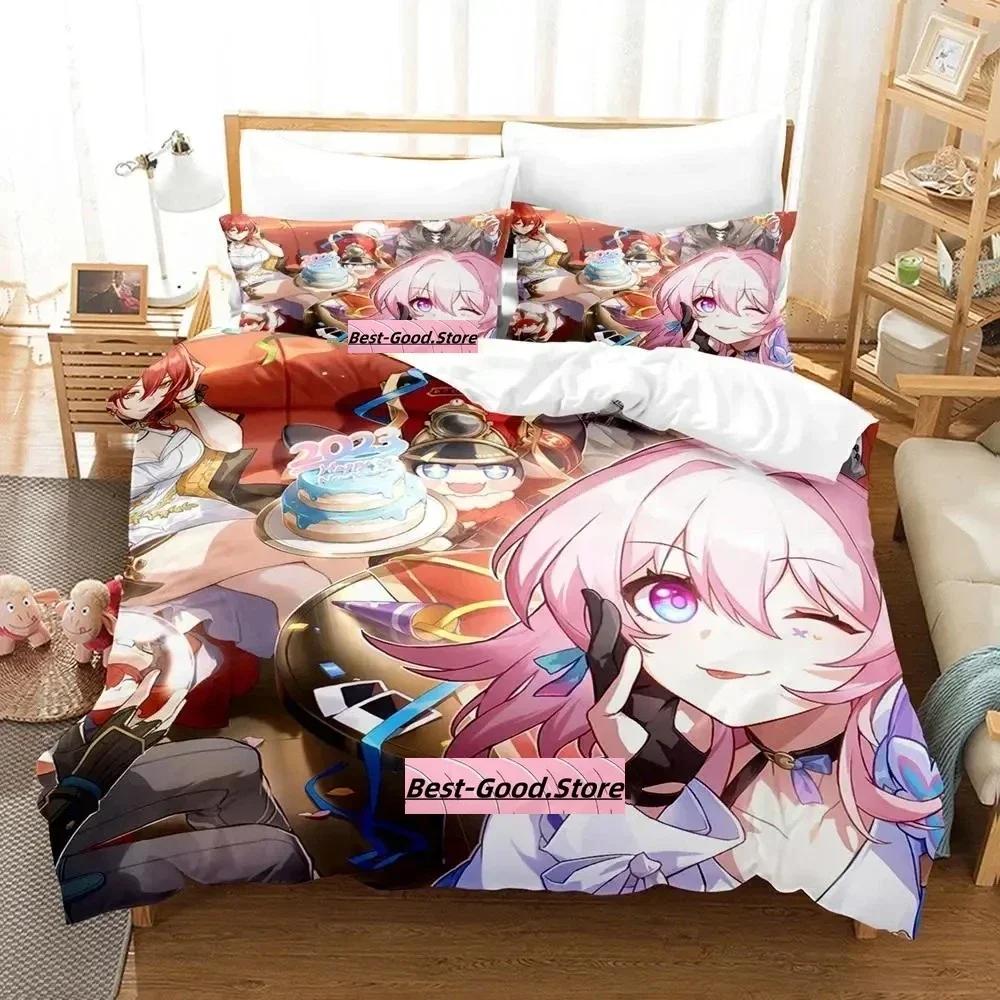 Kawaii Honkai Star Rail Bedding Set Printed Bed Set With Pillowcase Duvet Cover Single Double Queen King Size Adult Kid Bedroom