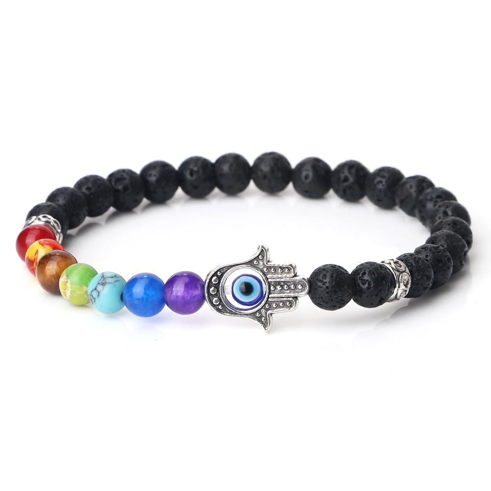 6mm 7 Chakra Beads Bracelets Lucky Evil Eye Hand Of Fatima Women Men Natural Lava Stone Agates Bracelet & Bangle Prayer Jewelry