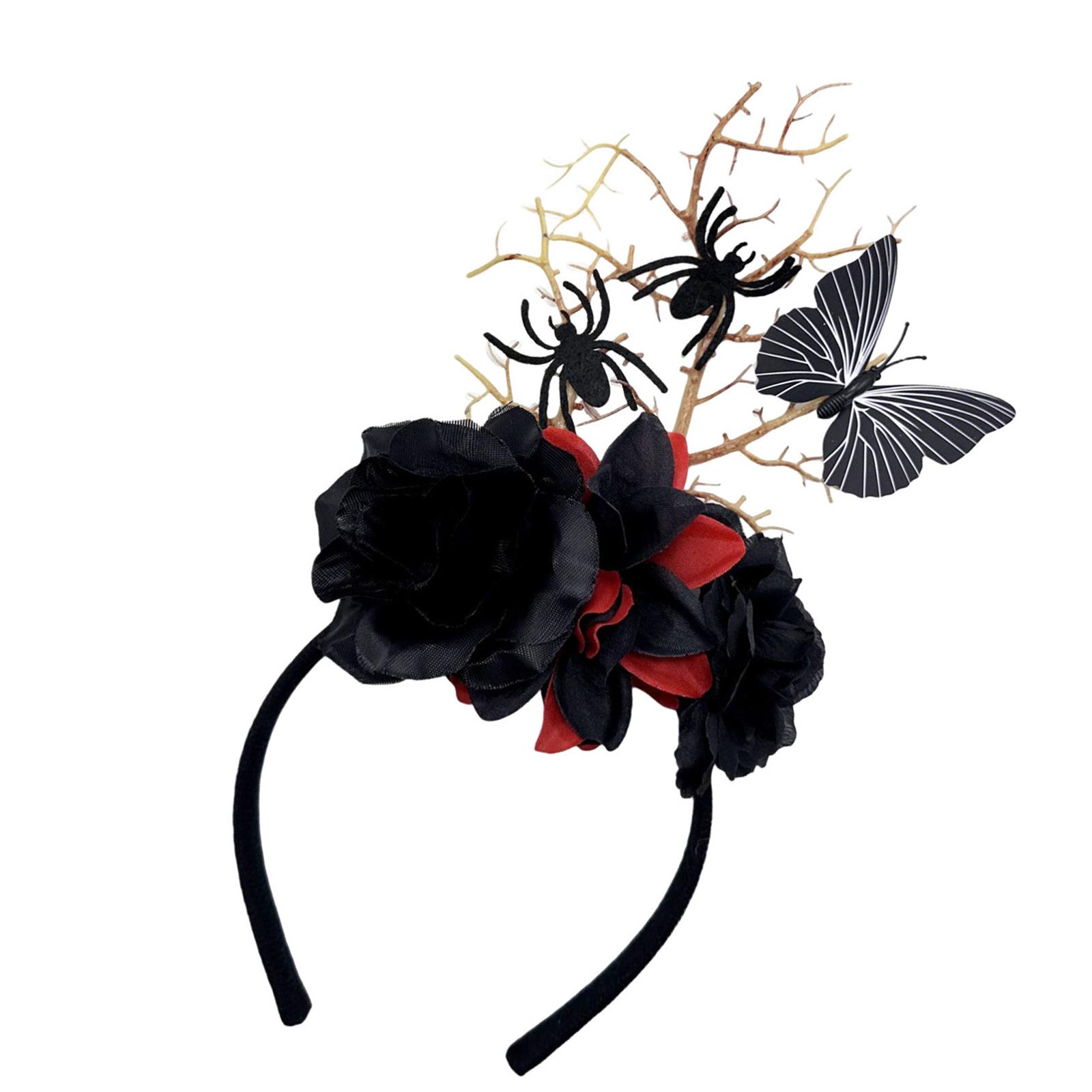 

Realistic Branch Flower Hairhoop Halloween Headbands with Movable Spiders Butterfly Gothic Festival Head Decoration чёрный
