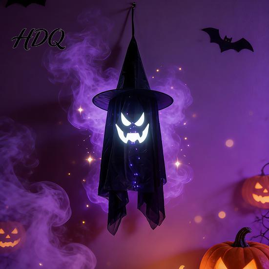 Lighted Ghost Wizard Pendant for Yard Halloween Hanging Decor with Hat LED Light Up Outdoor Decorations Windsock Porch Yard Spooky Fabric