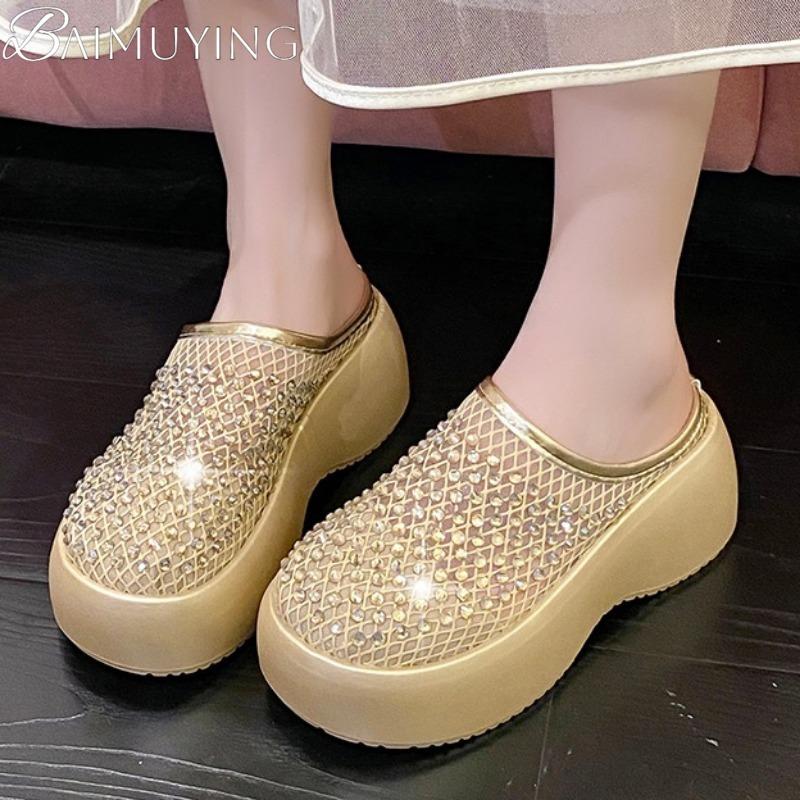 Fashion Crystal Mules Platform Shoes Woman Mesh Slippers Casual Women Flats Sandals Summer 2025 Trend Dress Comfort Wedges Sandalias