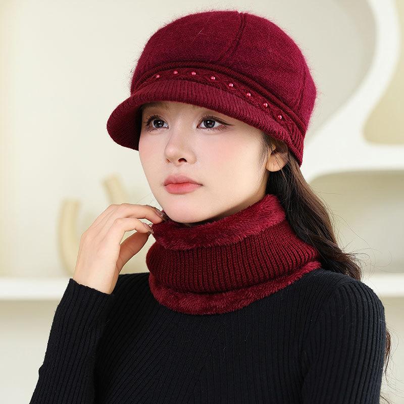 Middle-aged and old plush warm rabbit plush cap lady mother fashion cold-proof knitted hat outdoor wool hat