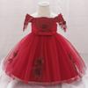 One-Shoulder Fluffy Baby Christening Dress with Beaded Flower and Bow