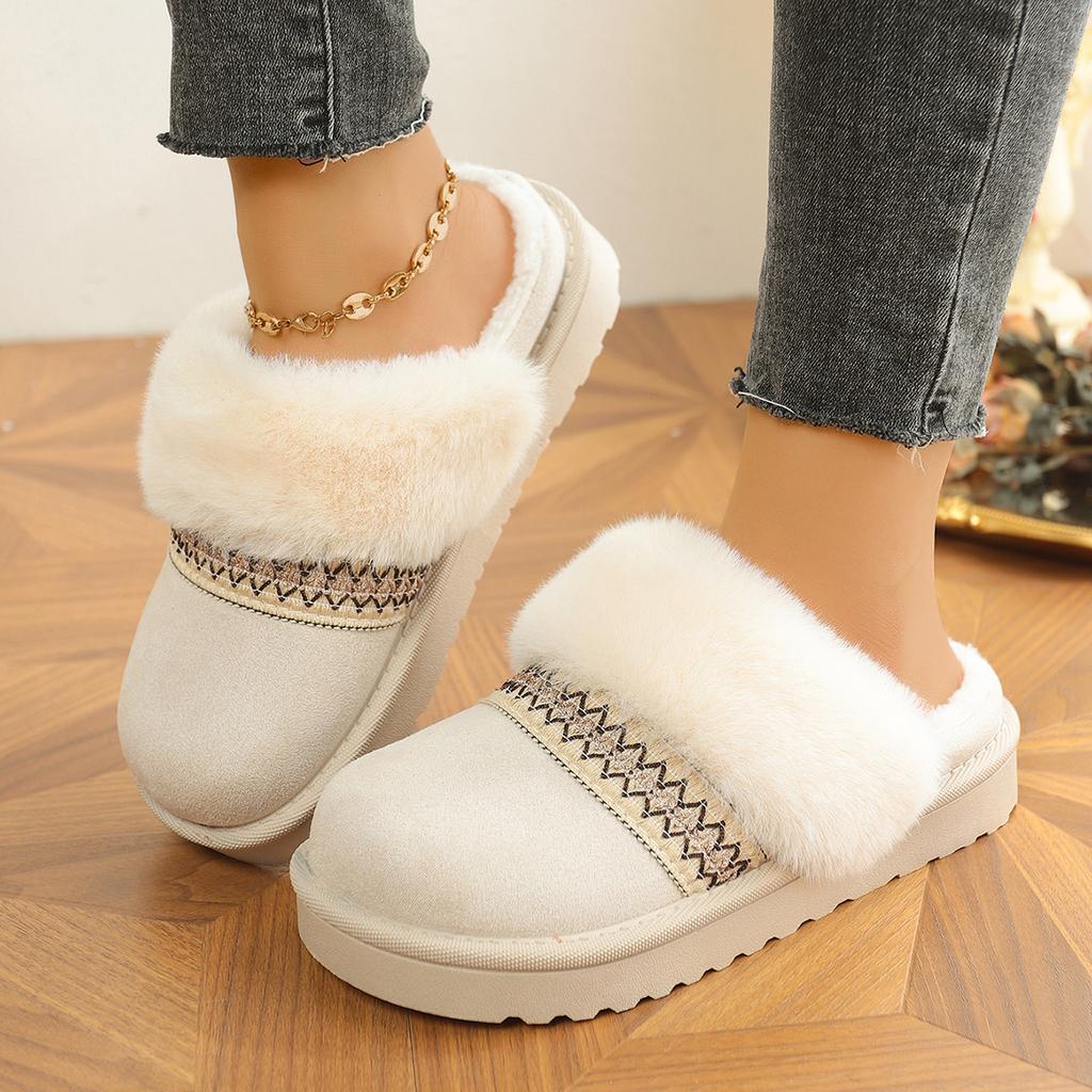 Modische Bunte Geometrische Stickerei Kunstfell Hausschuhe Damen 2025 Winter Komfort Weiche Sohle Slip On Schneestiefel Warm Kurze Plüsch Pantoletten