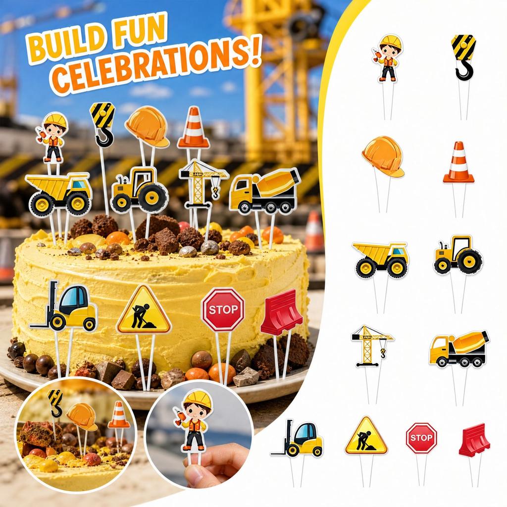 Construction Vehicle - Excavator & Truck Picks, 12 Pack for Construction Birthday Party Decorations