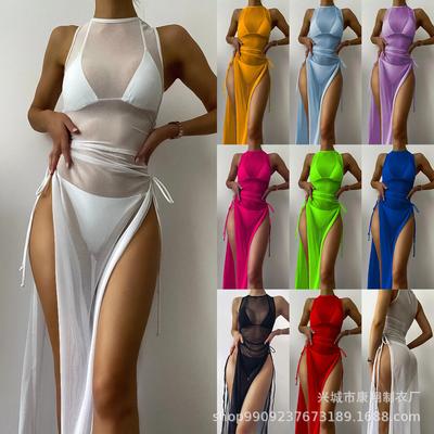 Conjunto de bikini de 3 piezas para mujer, traje de baño con relleno, sin espalda, parte inferior de tanga, sin mangas, con abertura y lazo lateral, traje de baño de malla sexy