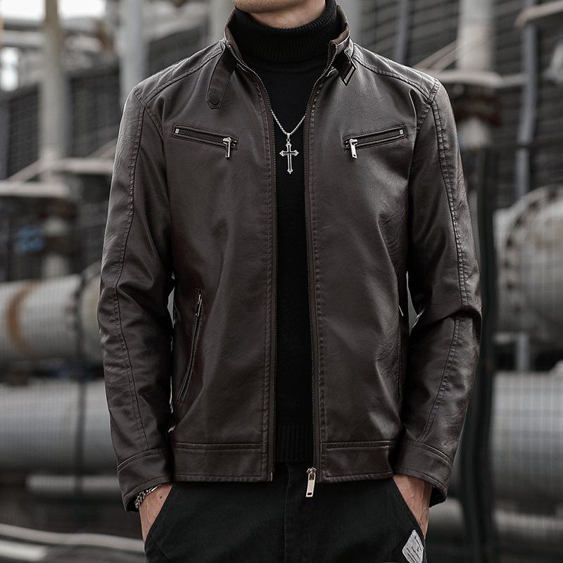Nová PU kožená bunda Pánské korejské ležérní Pánské stojací límec úzkého střihu Motocyklová kožená bunda PU bunda pro mladé muže