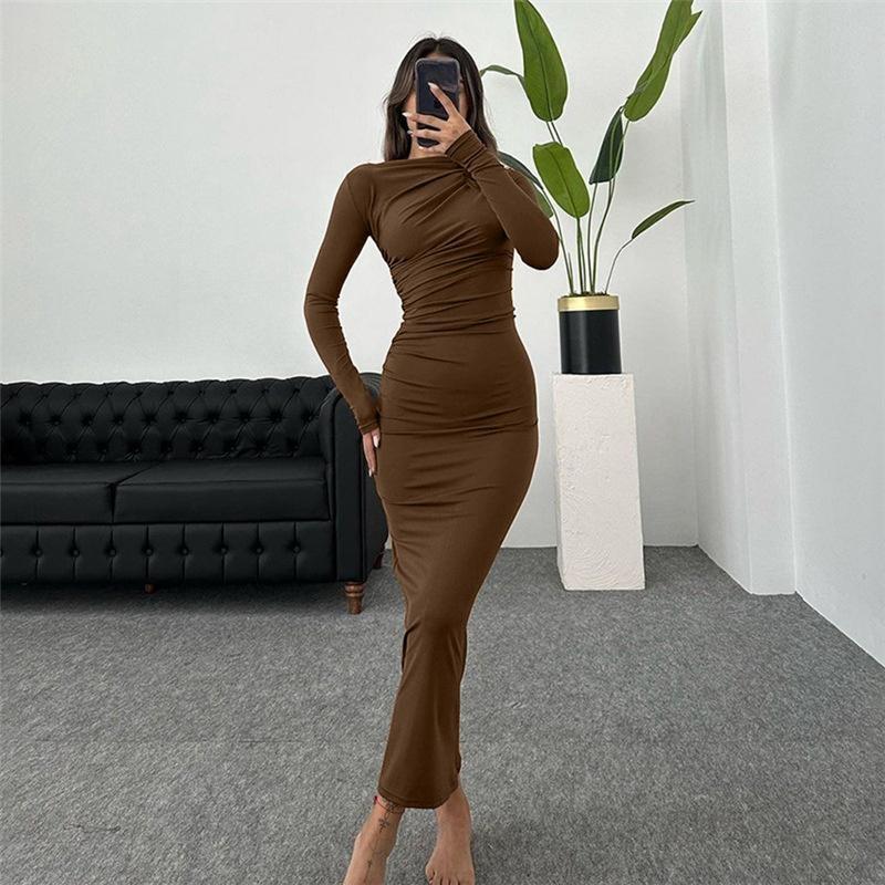 New Women's Round Neck Long Sleeved Bodycon Dresses Tight Casual Solid Color Wrap Long Dress Clothing