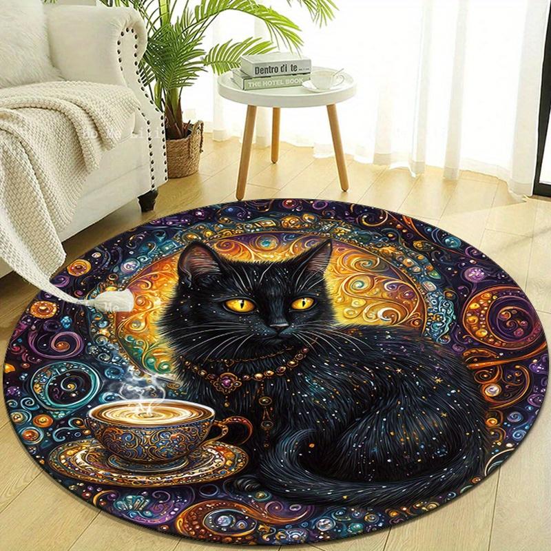 Black Cat Printed Round Area Rug - Crystal Velvet Polyester Chair Mat for Bedroom, Living Room, Non-Slip Home Decor Rug