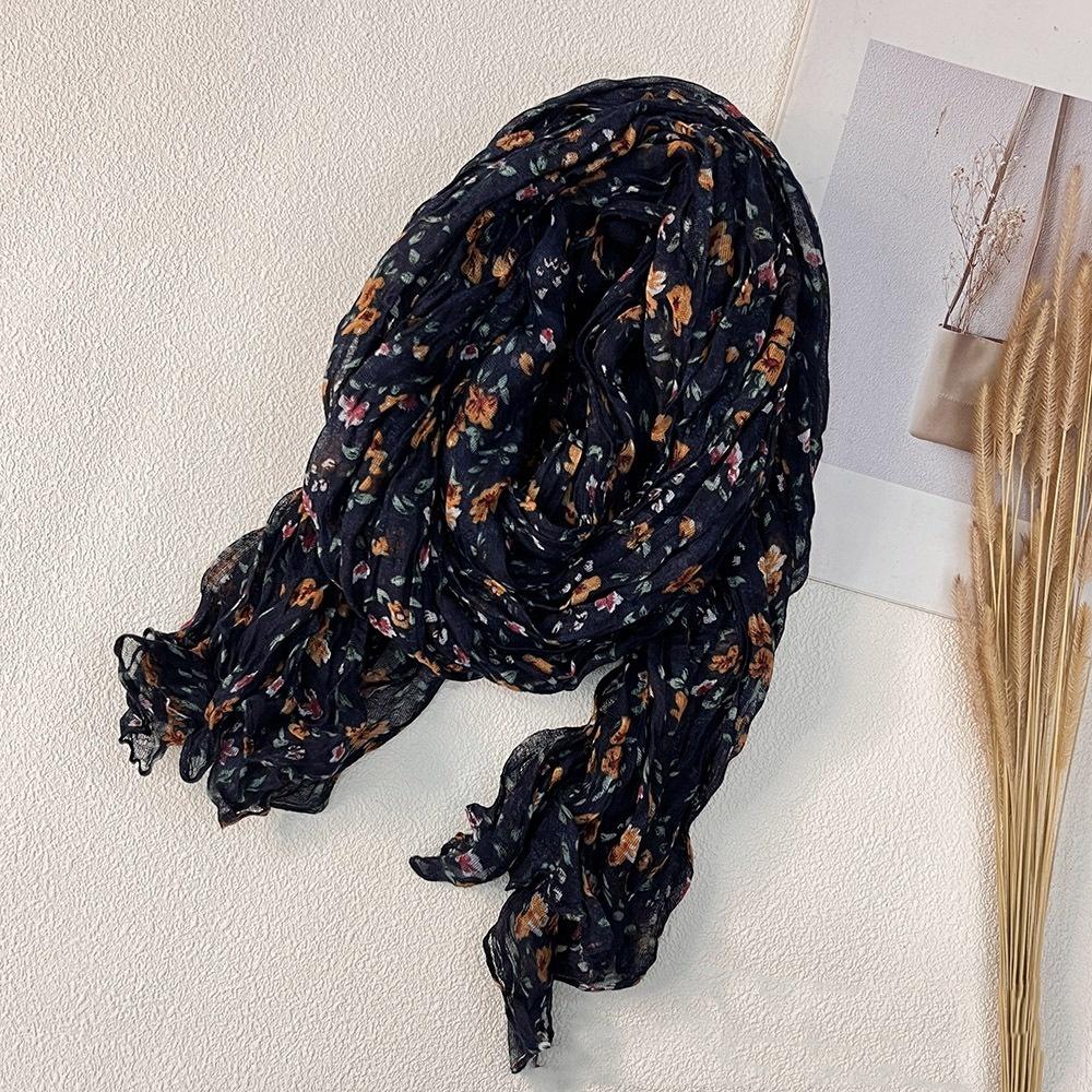 New Retro Literary Imitation Cotton And Linen Pleated Thin Versatile Shawl Small Floral Scarf Yarn Japanese Fashion Trend