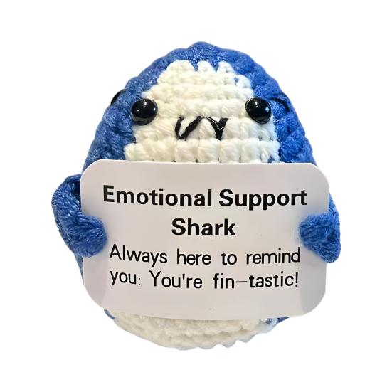 Emotional Support Shark Knitted Doll Positive Crochet Shark Gift Handcrafted Stress Relief Doll with Motivational Card Home Office Decor