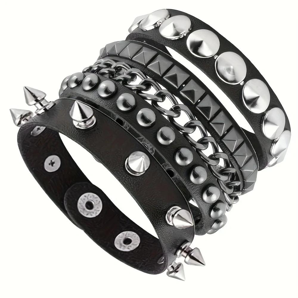 Vintage Leather Bracelets Punk Row Cuspidal Spikes Rivet Stud Wide Cuff PU Leather Punk Gothic Rock Unisex Goth Accessories