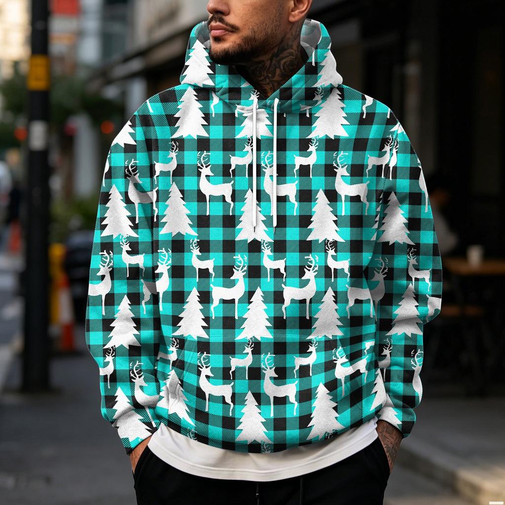 Julehættetrøje til mænd med stort print og store lommer, afslappet løstsiddende pullover til ferien