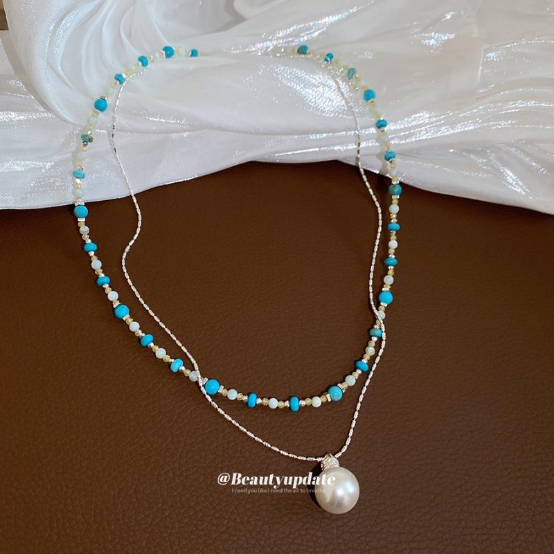 Zircon opal pearl beaded round double-layer necklace exquisite niche light luxury collarbone chain high-end neck chain female