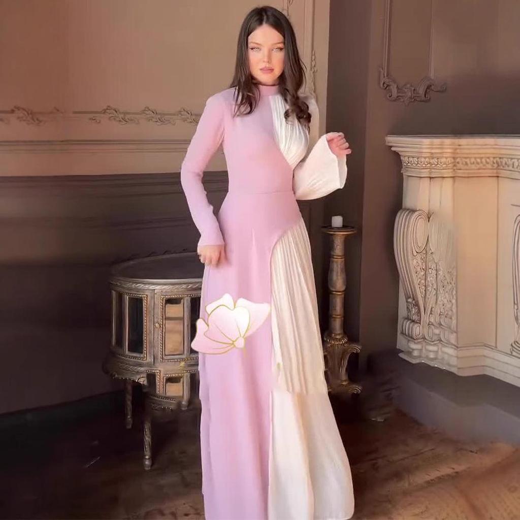 Women's Retro Slimming Evening Dress - Color Block, Round Neck, Long Sleeve, High Waist