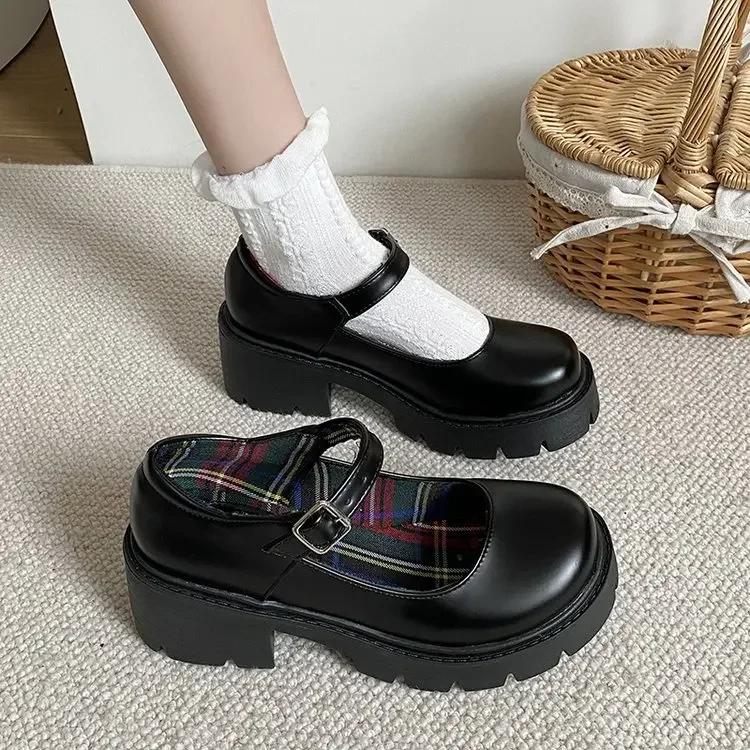 Fashion Platform Heels Mary Janes Simple Lolita Shoes Black Platform Shoes Student College Sweet Medium Heel Women's Single Shoes