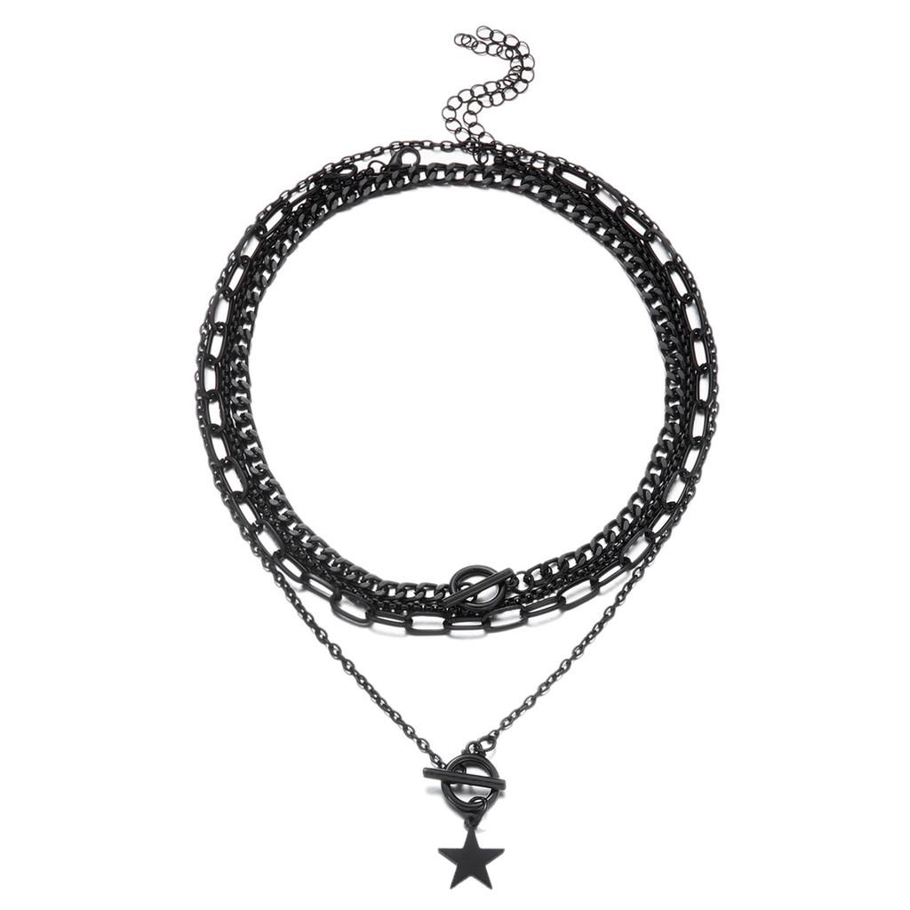 Collier Pendentif Multicouche Géométrique Cœur Étoile Pièce de Monnaie pour Hommes Femmes Style Noir Or Argent