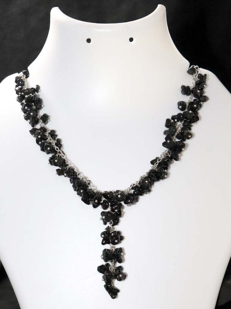 Cluster Beaded Black Onyx Grapes 925 Silver Plated Necklace 18" Trendy M8U27