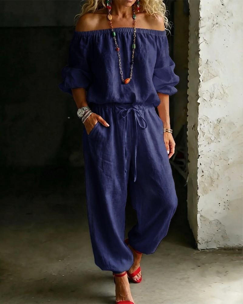 Womens Off Shoulder Long Sleeve Top Drawstring Waist Tapered Pants Two Piece Casual Outfit