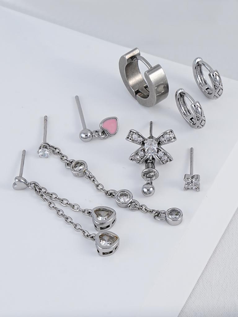 8pcs Sweet Cute Bow Multiple Stacked Earrings Suitable for Women's Daily Music Saving and Jewelry Wearing