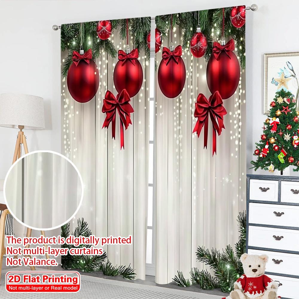 Set Of 2 Flat Printing Christmas Window Drapes Red Green Versatile Polyester Fabric Without Electricity Birthday Party Use Curtain Made