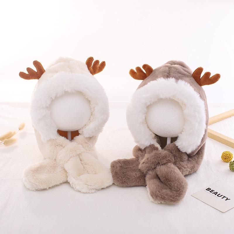 Winter thickened velvet ear protectors cute antlers baby hat scarf integrated boys girls baby pullover hat