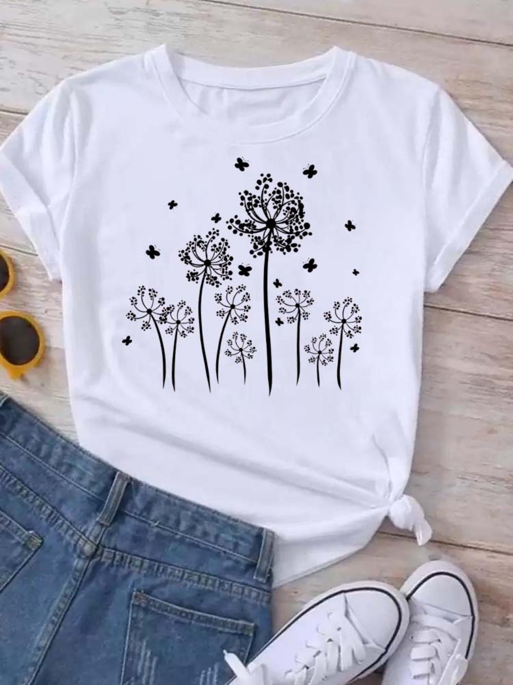 Women Tshirt Butterfly Dandelion Print Tshirt Watercolor Flowers Tshirt Durable Plussize Casual Tshirt Daily Streetwear S