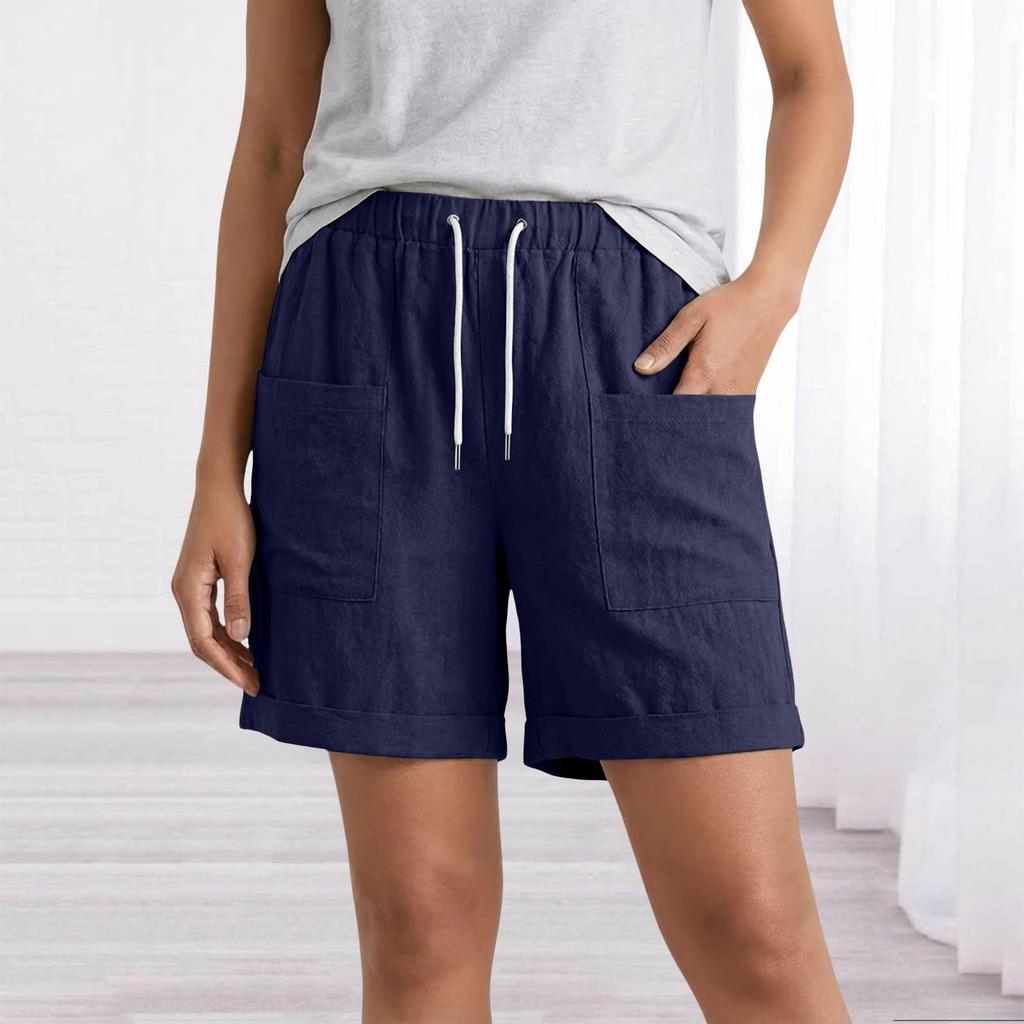 Women’s Linen Casual Shorts with Elastic Waistband Drawstring Adjustable Fit and Large Front Pockets for Everyday Wear