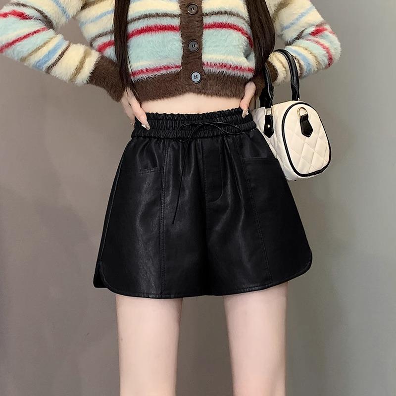 Women's Black PU Leather High Waist Wide-Leg Shorts - 2024 Autumn/Winter Collection