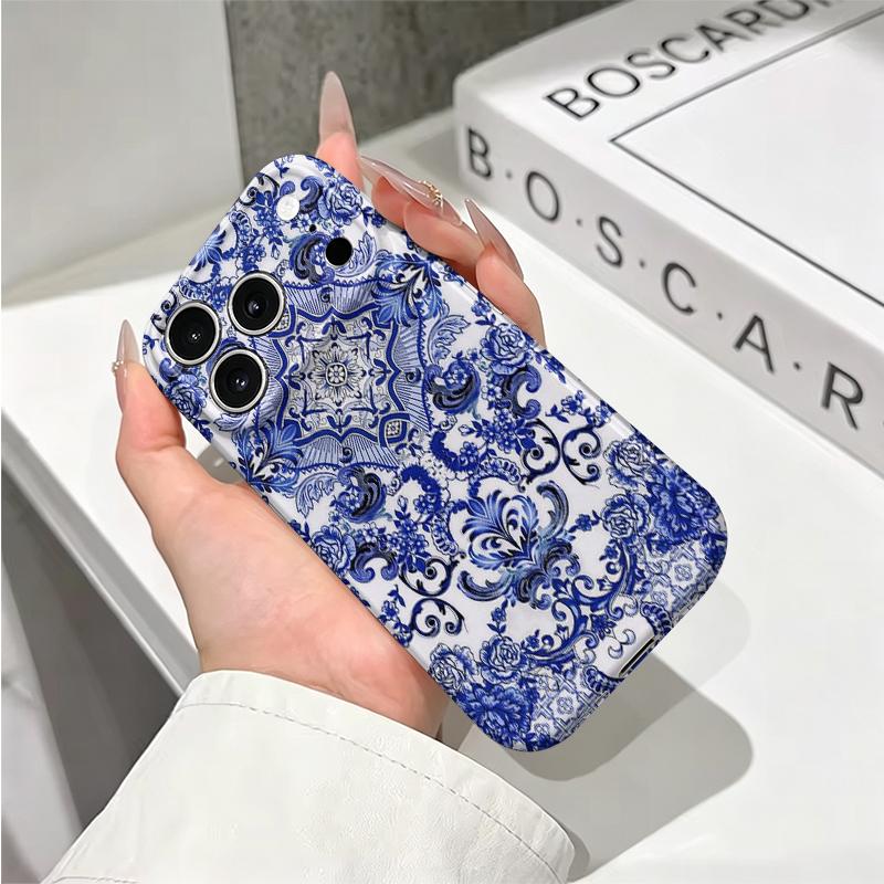 Porcelain Blue Stylized Floral Pattern Art Graphic Design Film Aesthetic Protective Shockproof Bumper Phone Case Cover For iPhone 14 15 16Pro Max Plus