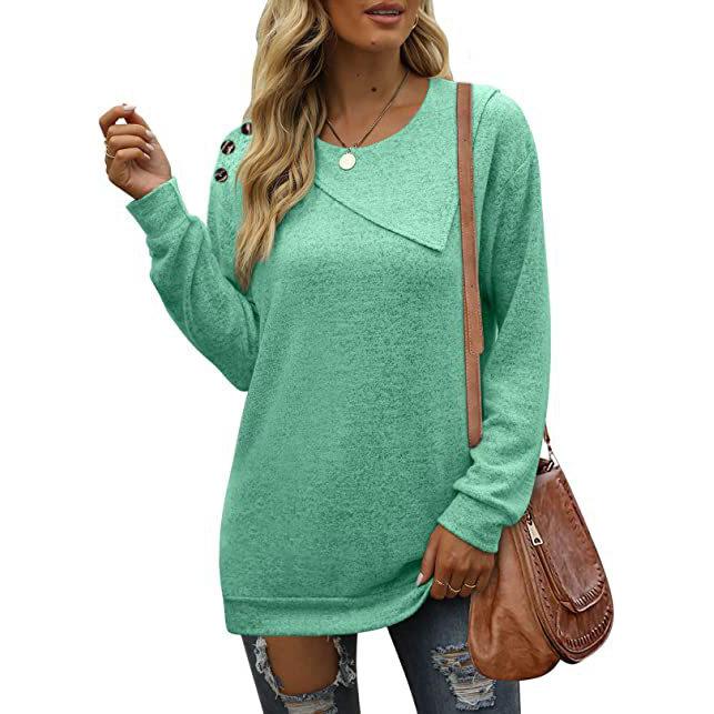 Women Plus Size Pullover Double Layer Round Neck Button Long Sleeve Sweatshirt  Loose Casual Solid T-shirt