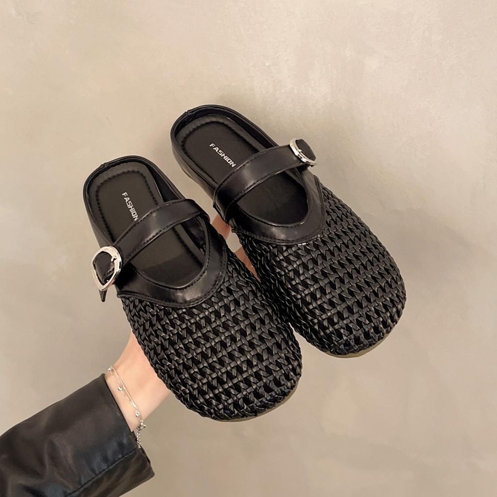 Soft leather bag head half slippers women's summer wear 2025 new Mary Jane hollow Roman fishing net shoes hole cool slippers
