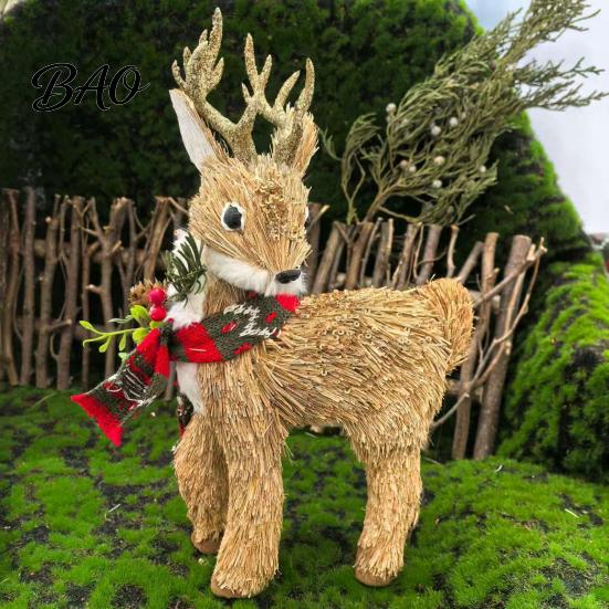 Forest Atmosphere Party Supplies Handmade Straw Deer/Squirrel Christmas Ornaments with Scarf, Retro Pastoral Style Natural Fiber Rustic Animal
