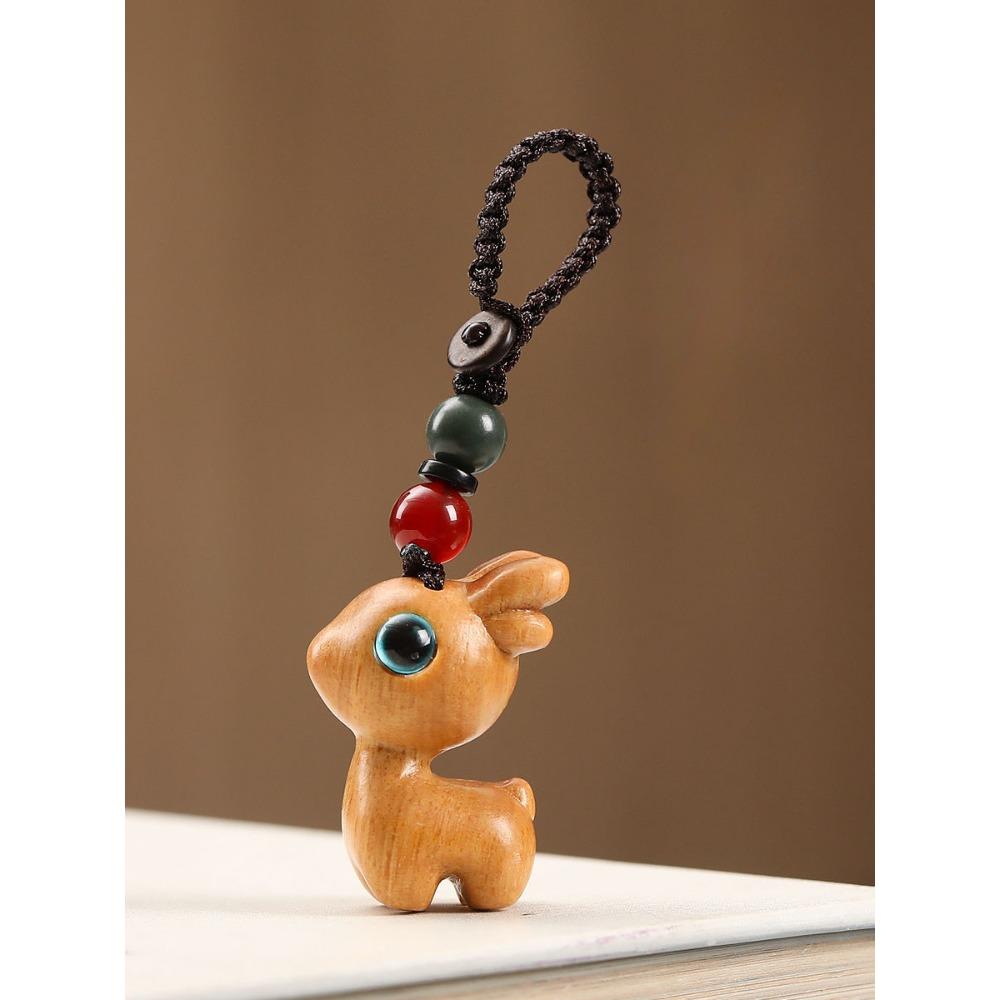 Sandalwood Deer Car Keychain, Pendant, Couple Phone Pendant, USB Disk Chain Hanger, Gift