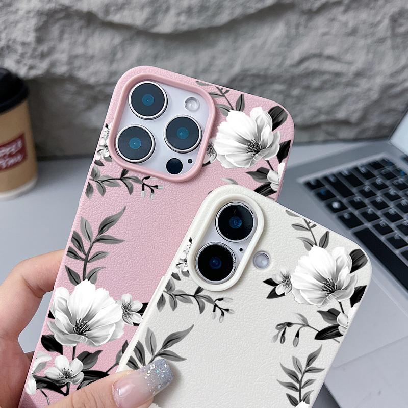White Flowers Pattern  Luxury Leather Texture Silicone Case For IPhone 17 16 Pro Max 11 12 13 14 15 Pro Soft Phone Cover Fundas