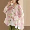 Johnature Women Vintage Bat Sleeve Shirts Stand Button Loose Blouses Spring Print Floral Chinese Style Shirts Top