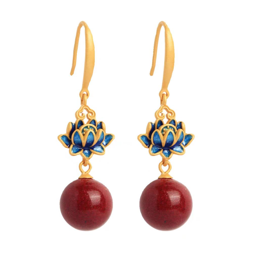 New Chinese Vermilion Lotus Earrings Elegant Red Dangle Earrings Qipao Matching Classic Accessories