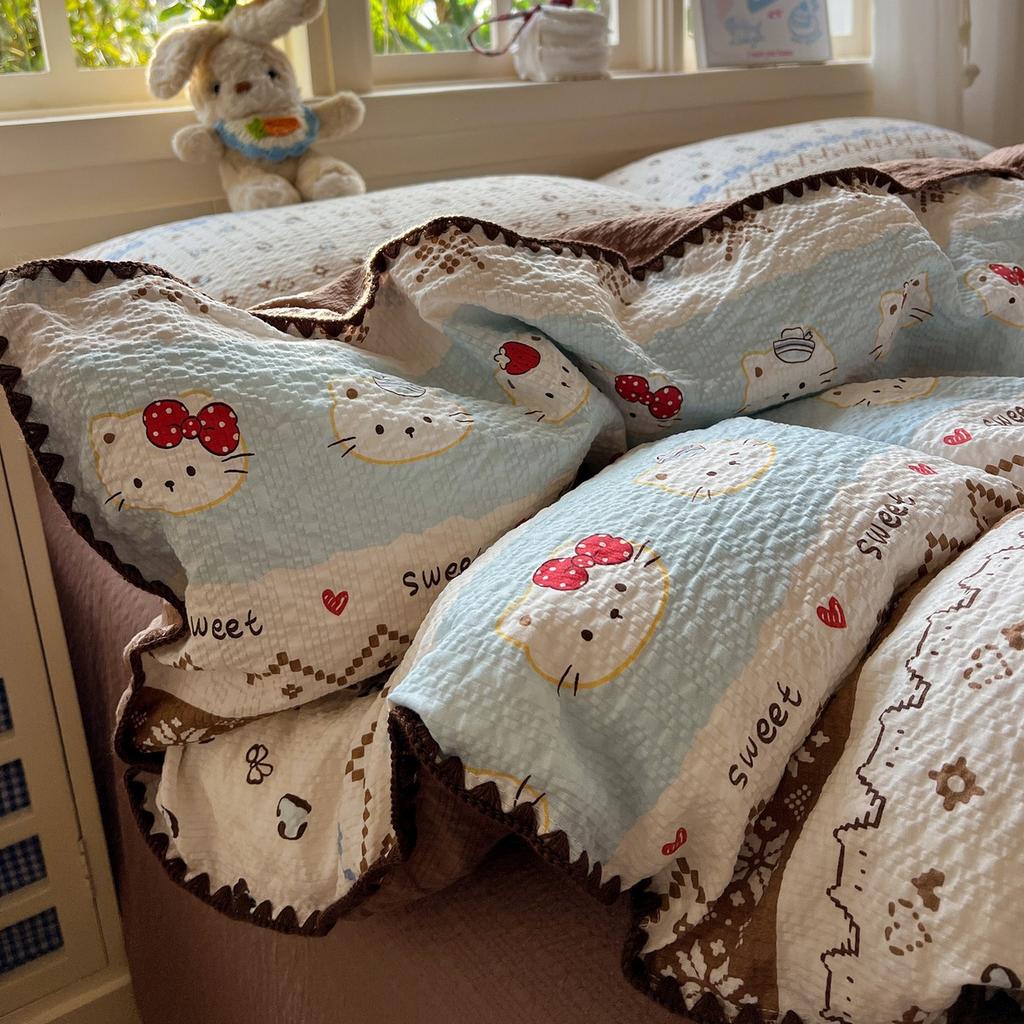 Maternal and infant grade A new puff yarn four-piece set, pure cotton naked bed sheet quilt cover, dormitory bed hat three-piece set