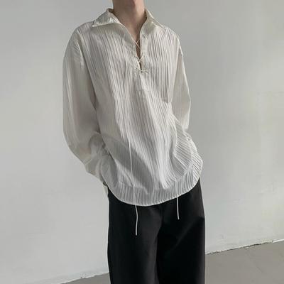 Herrenhemd Weiß Langarm Revers Schnürkragen Pullover Tops Vertikale Streifen Textur Dekoration Freizeitshirt Arbeitskleidung