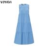 VONDA Women Round Neck Sleeveless Ruffled Casual Swing Pleated Dress